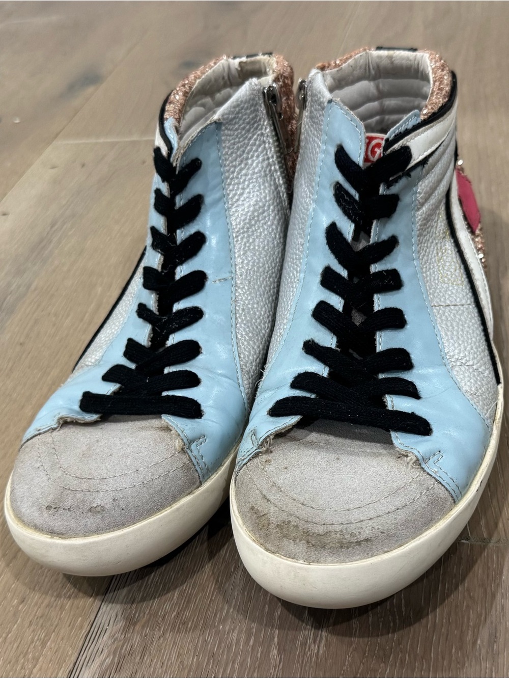 Golden Goose Light Blue, Black & Cream High-Top Sneakers